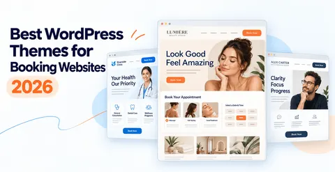 Best WordPress themes for booking websites in 2026, illustrated with three service-business website layouts.