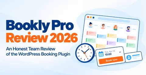 Bookly Pro Test 2026 – illustrierter Buchungskalender mit Mitarbeiterprofilen und farbcodierten Terminen