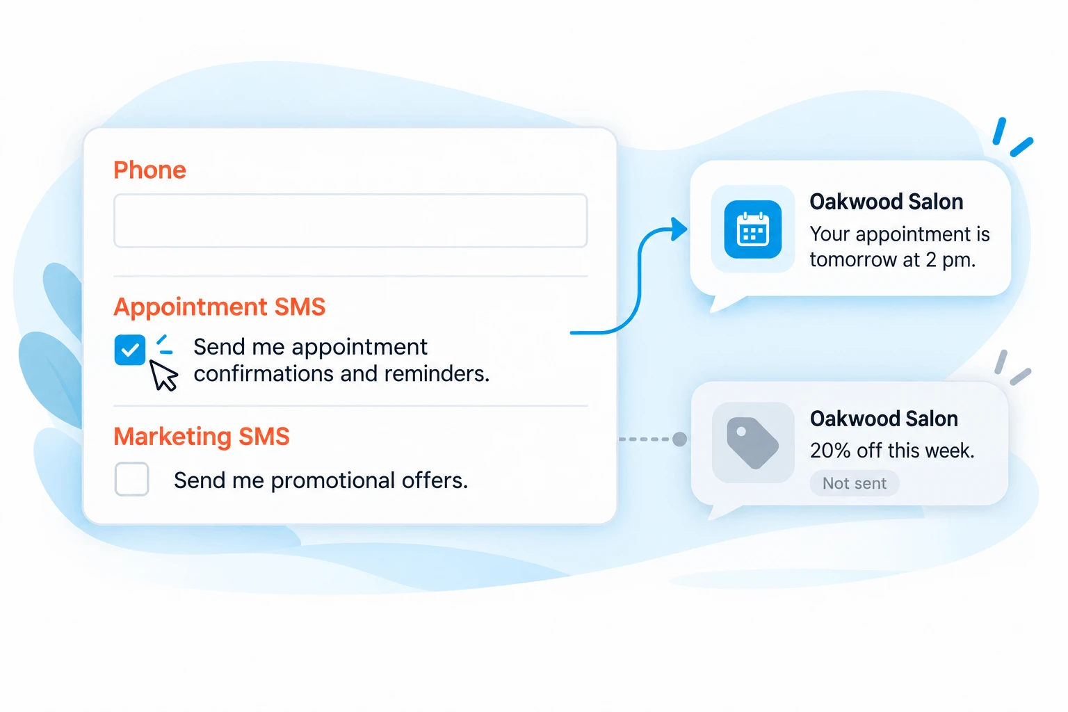 Illustrative booking form with separate consent choices for appointment reminders and marketing SMS.