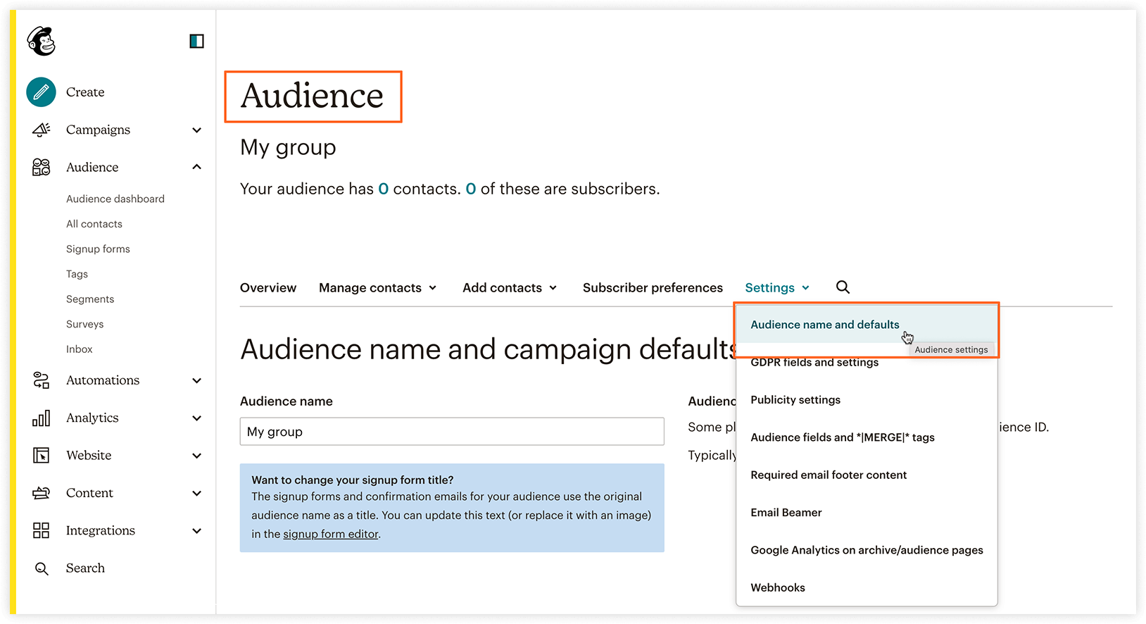 Mailchimp account settings