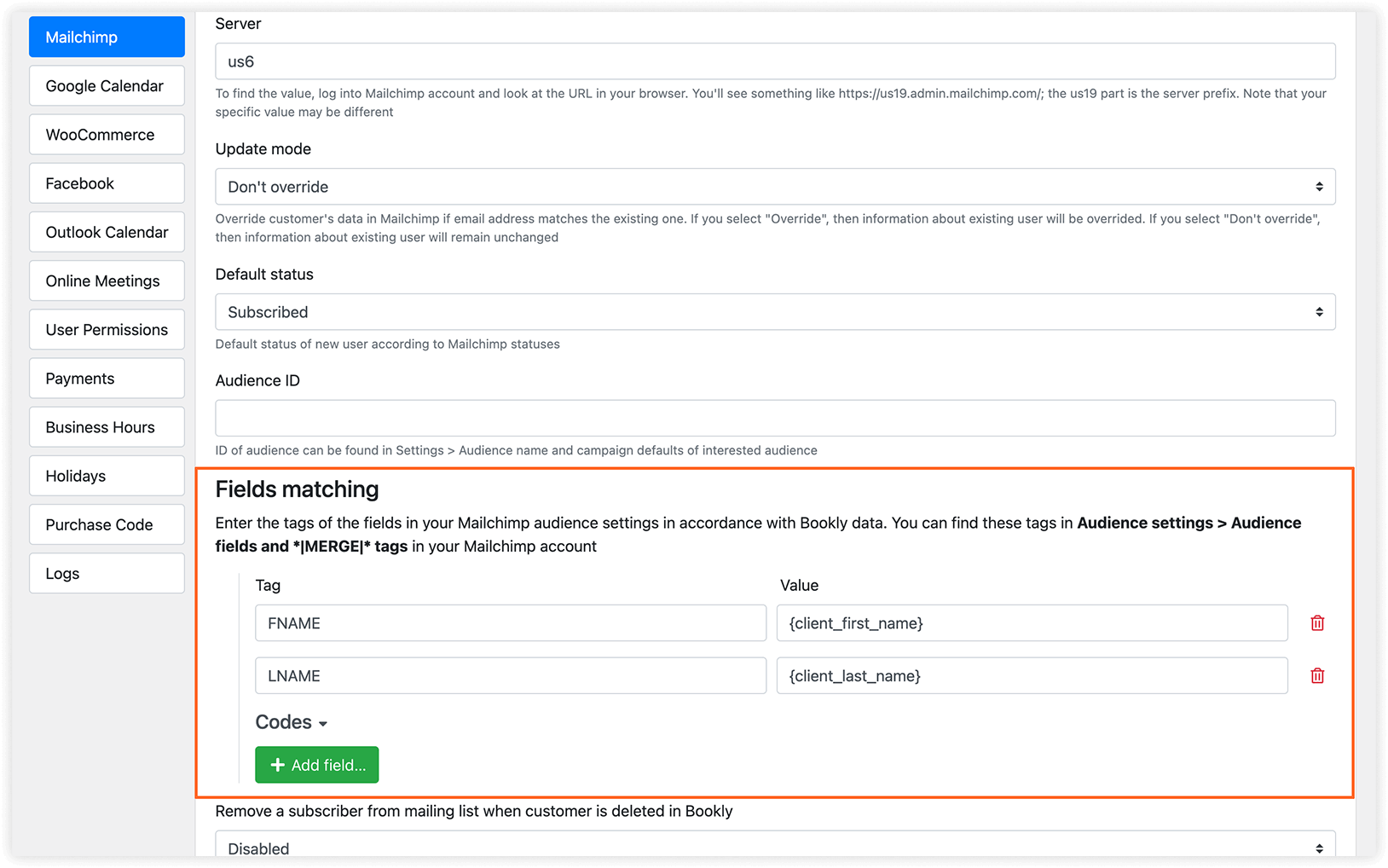 Mailchimp settings in Bookly