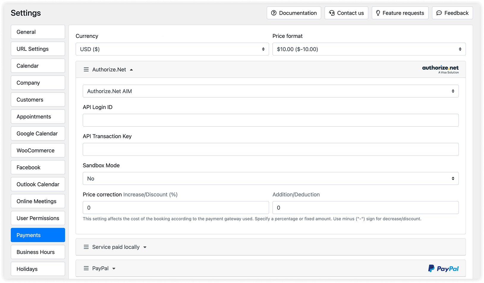 Payments section in Bookly