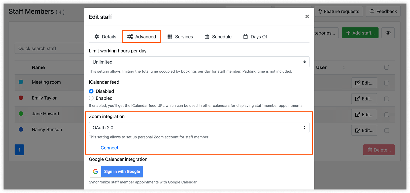 Staff members section in Bookly – Advanced tab