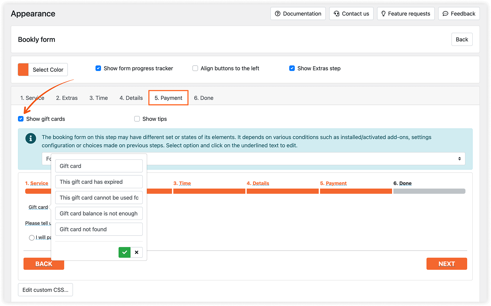 Appearance section in Bookly – Show gift cards