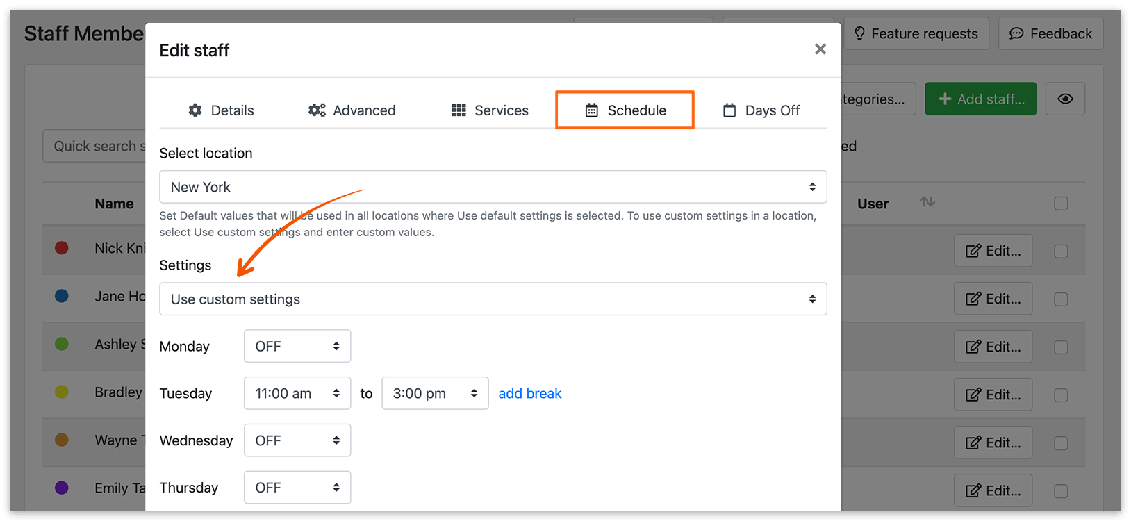 Edit staff – custom settings for location