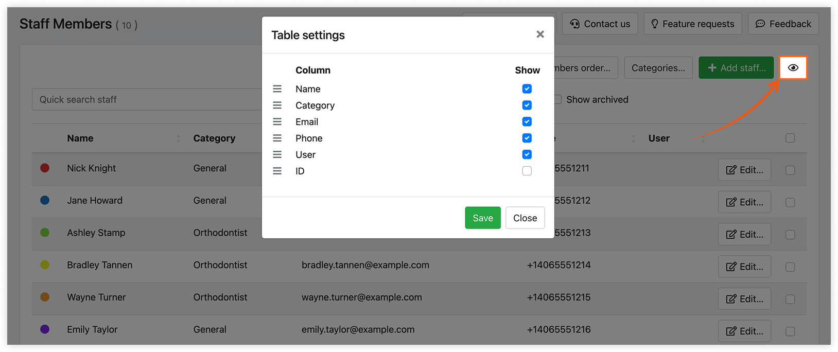 Staff members section in Bookly – table settings