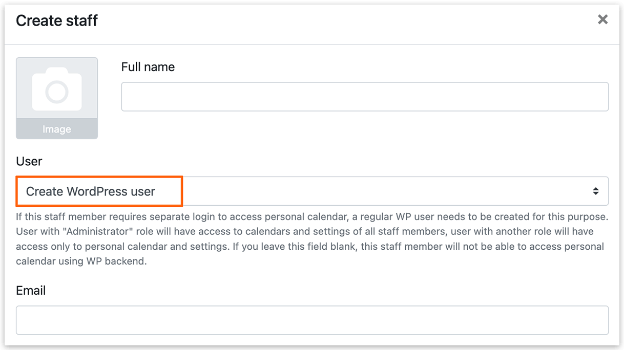 Staff member card in Bookly – Create WordPress user