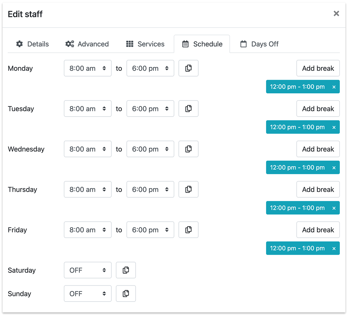 Staff member's schedule in Bookly