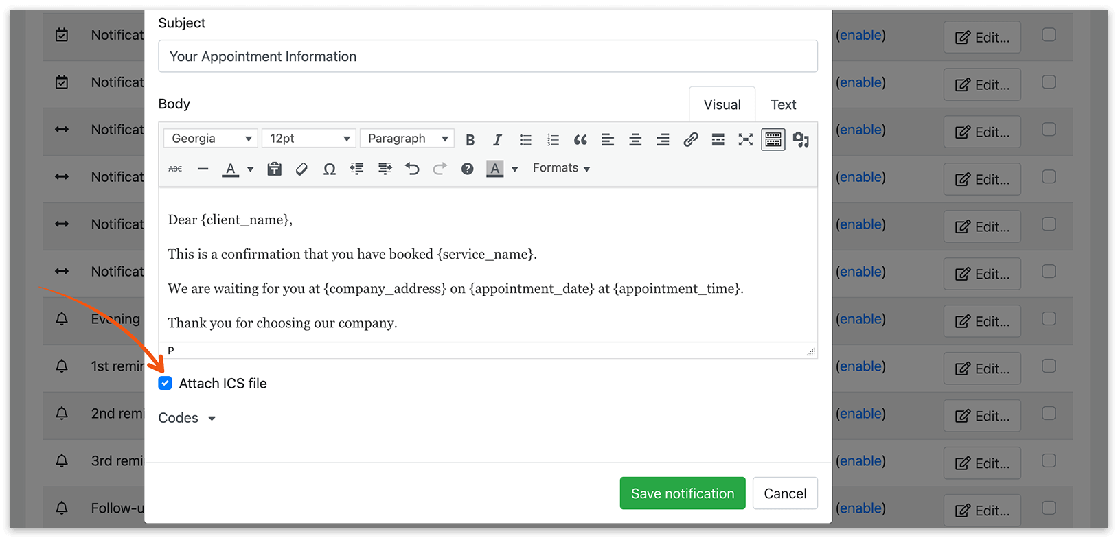 Attach ICS files to Bookly notifications