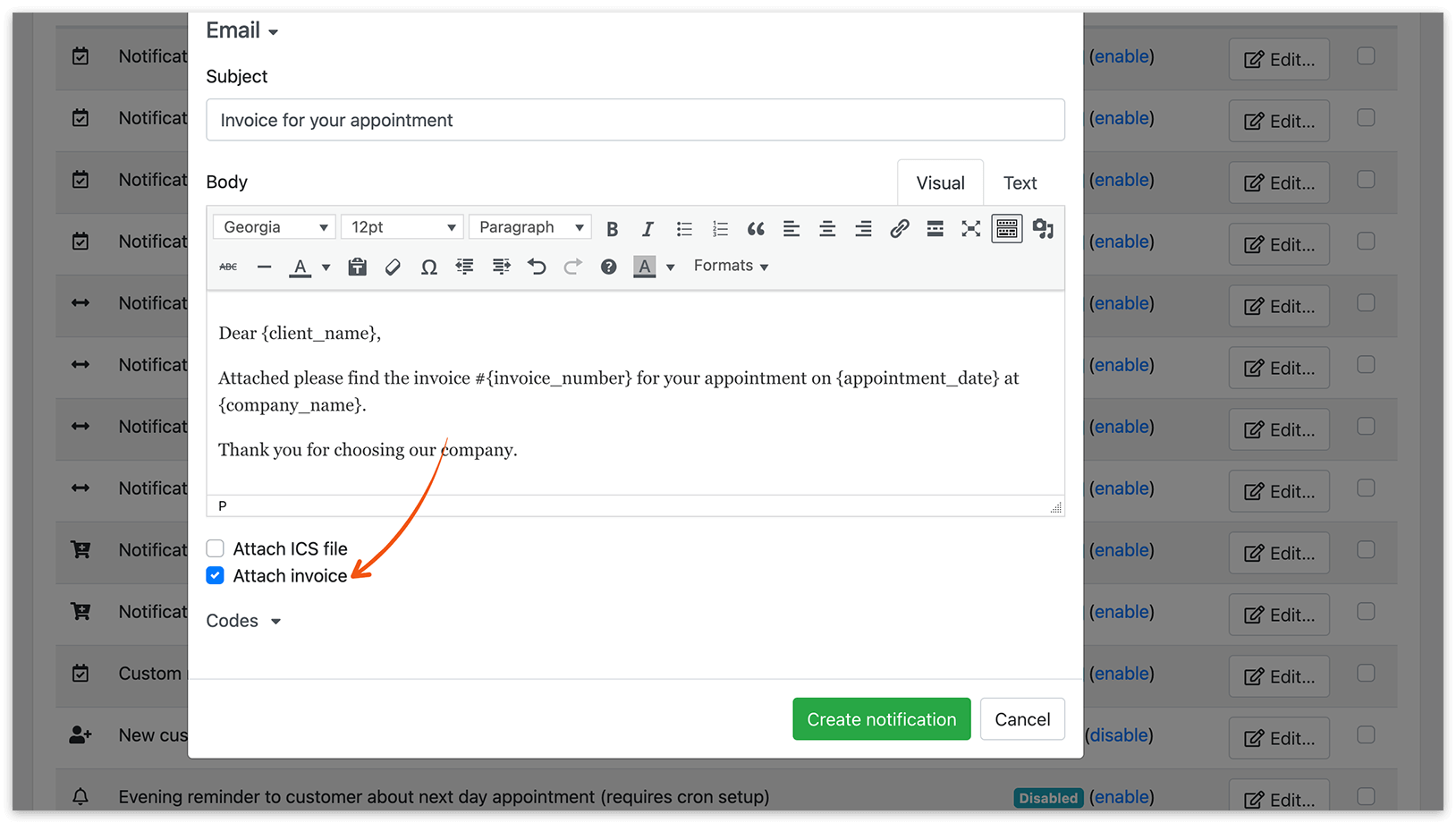 Email notifications section in Bookly – Attach invoice