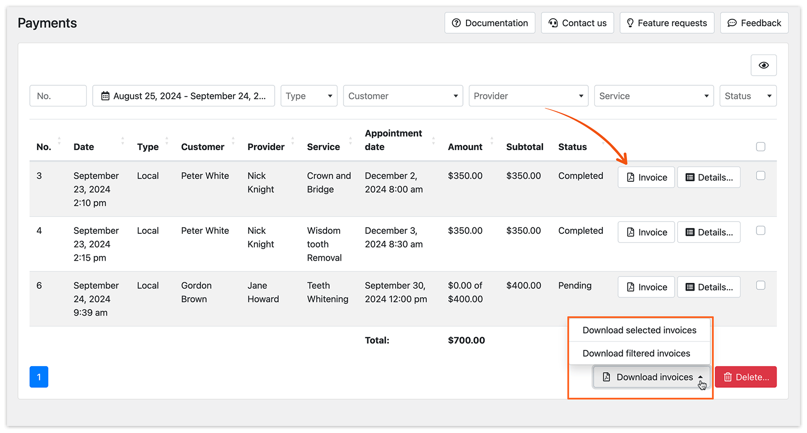 Payments section in Bookly – Download invoices