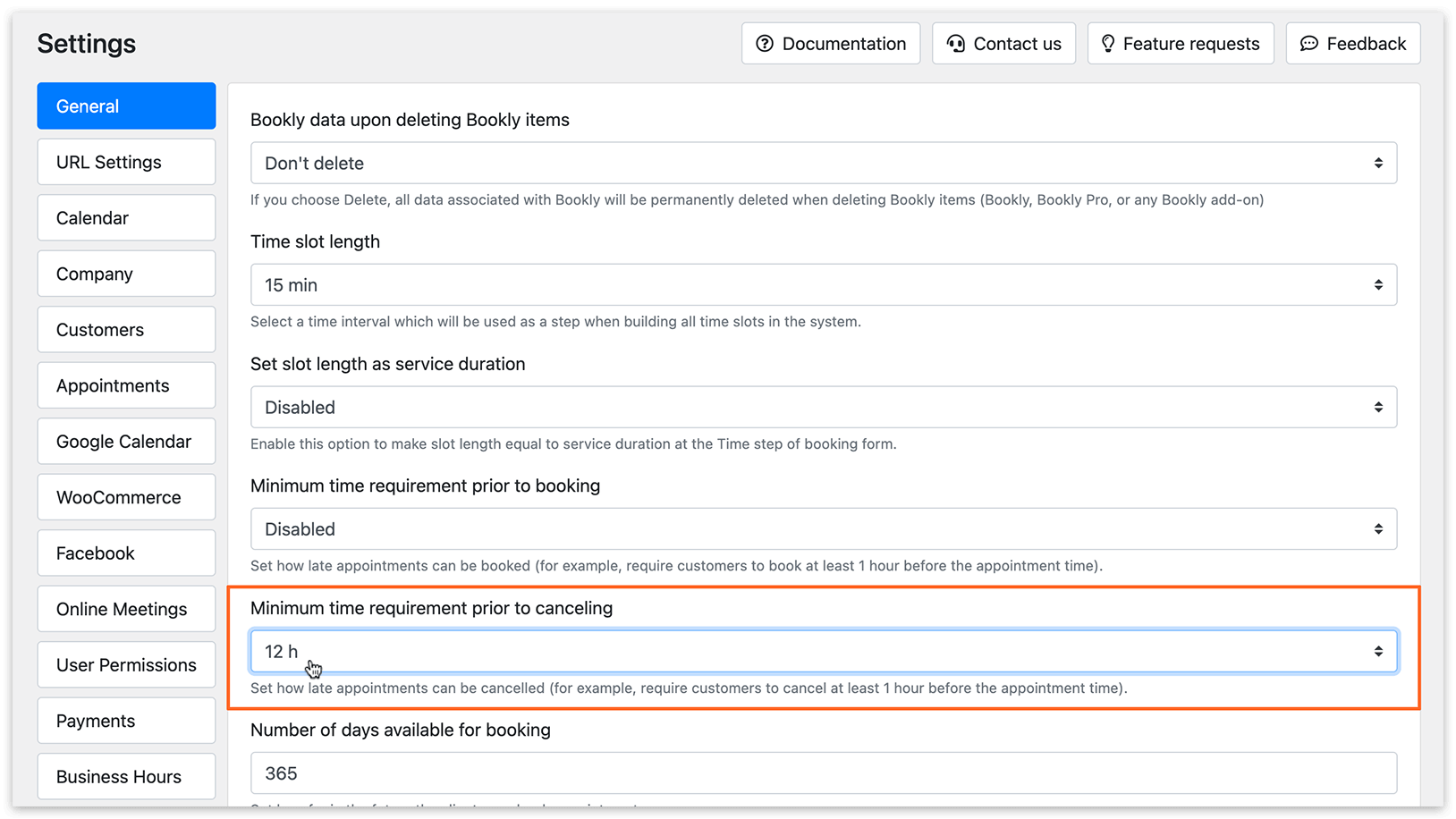 Settings in Bookly PRO – Minimum time requirement prior to canceling
