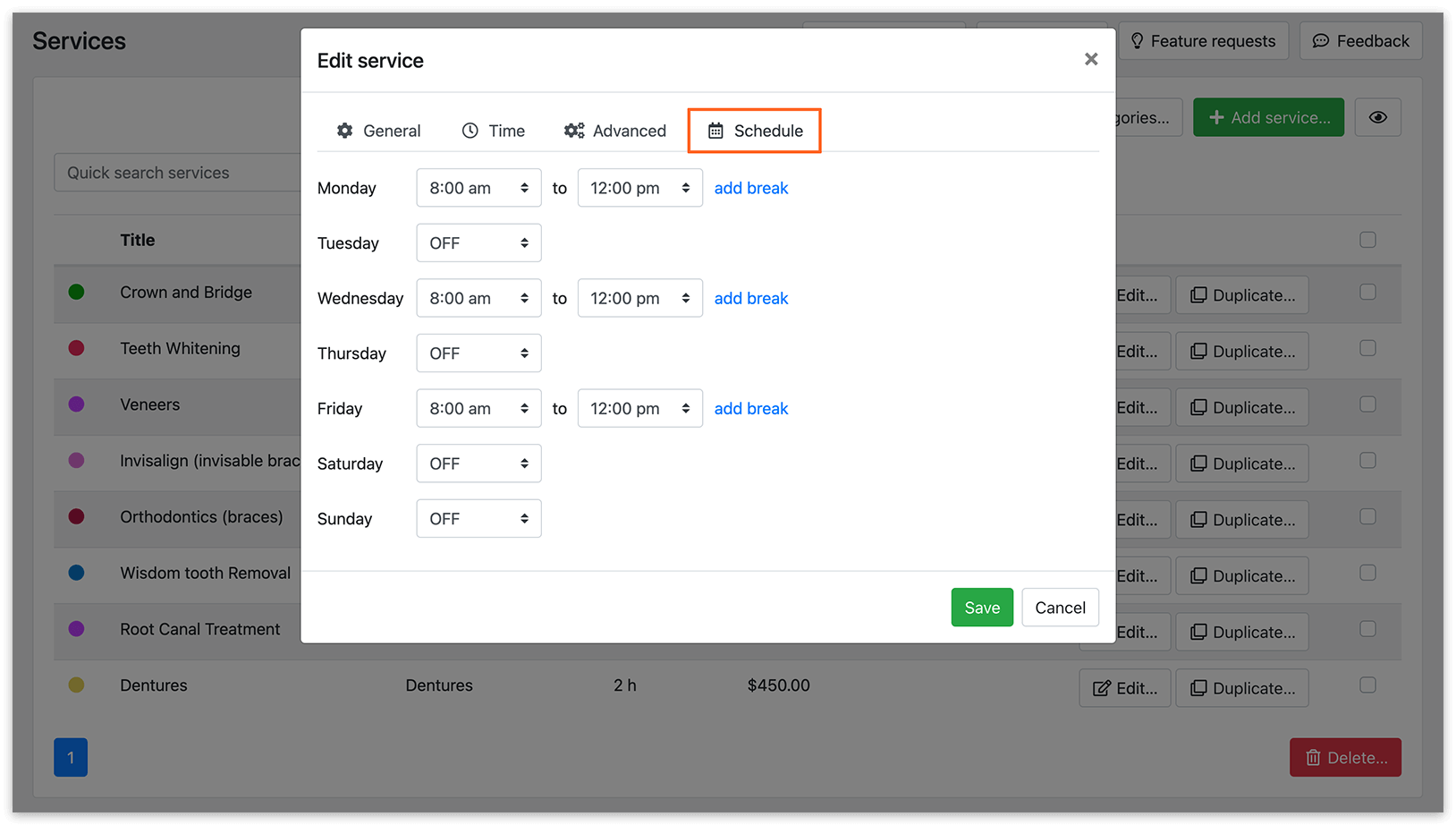 Services section in Bookly – Service Schedule tab