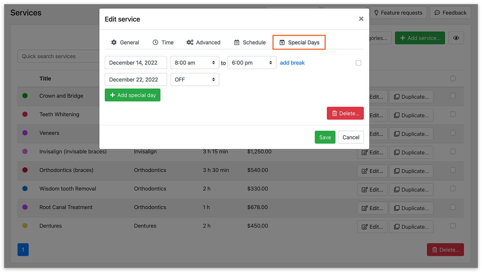 Services section in Bookly – Special Days