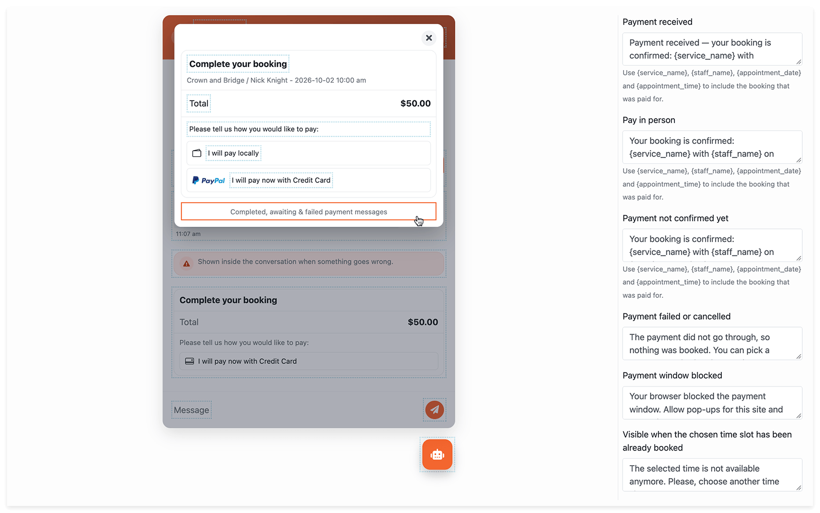 Personalización de las etiquetas y los mensajes de pago en el formulario de reserva de Bookly AI Assistant
