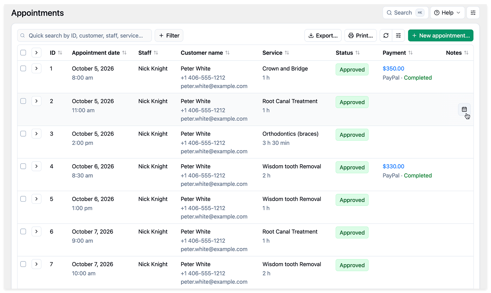 Liste des rendez-vous Bookly avec recherche rapide et filtres