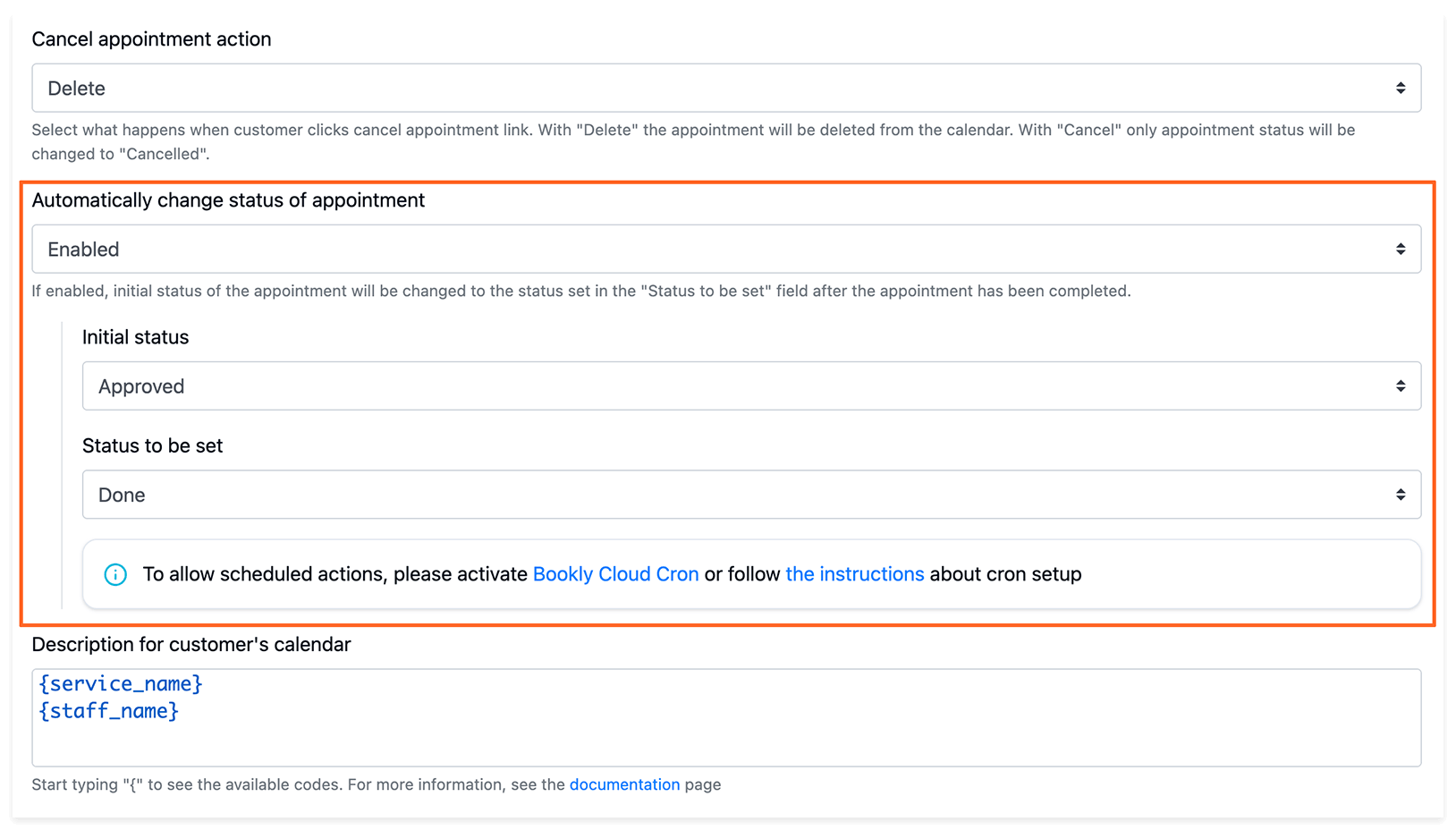 Paramètres de mise à jour automatique du statut des rendez-vous Bookly