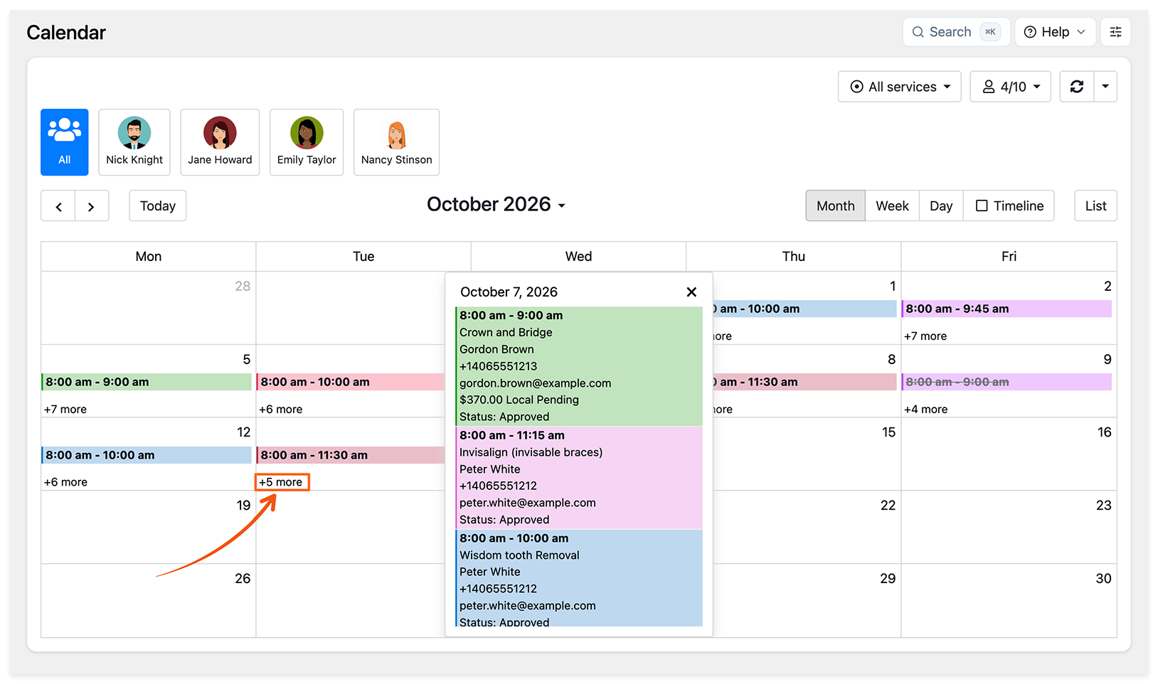 Vue mensuelle du calendrier Bookly avec les rendez-vous développés