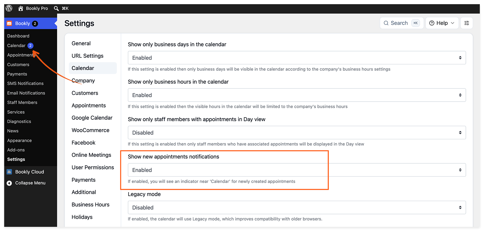 Paramètres du compteur de notifications de nouveaux rendez-vous du calendrier Bookly