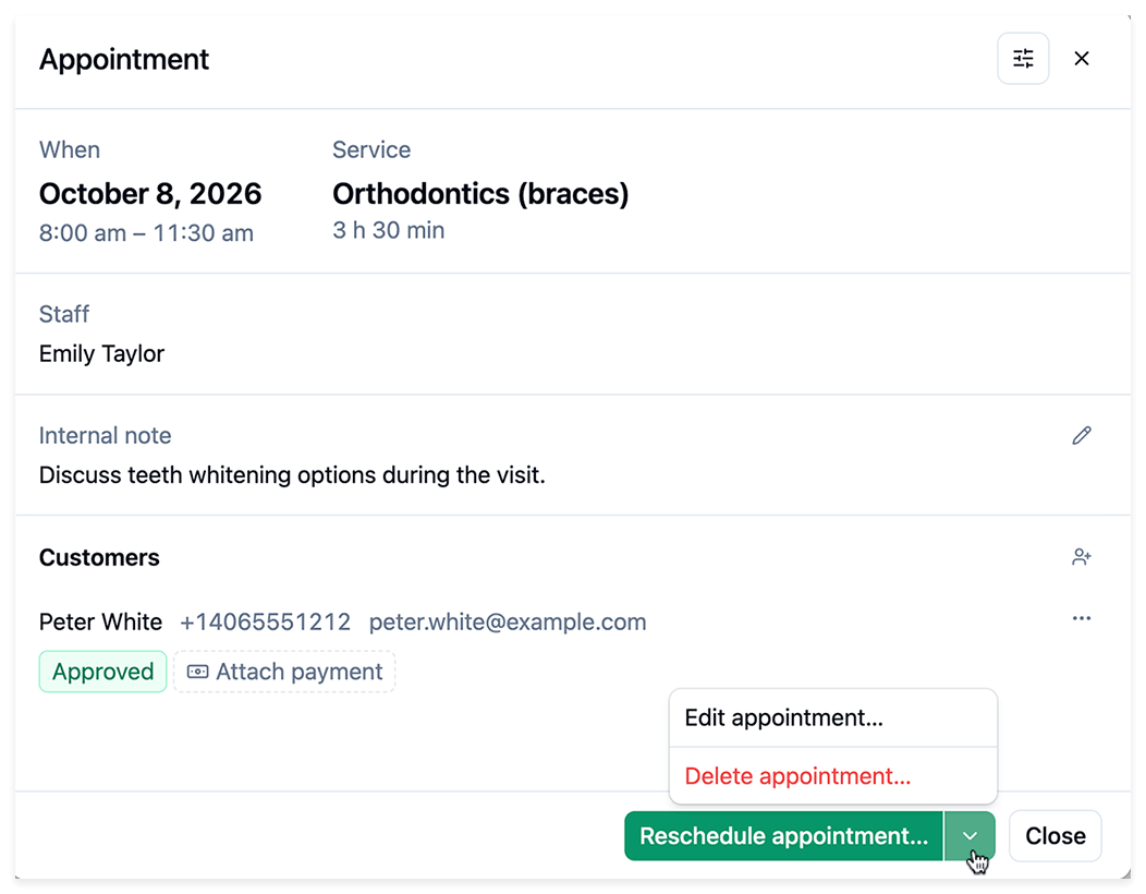 Aperçu du rendez-vous dans l’assistant de réservation avec notes internes et détails du client