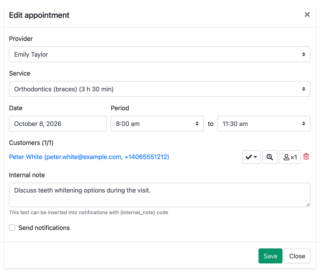 Formulaire classique de rendez-vous avec notes internes et détails du client