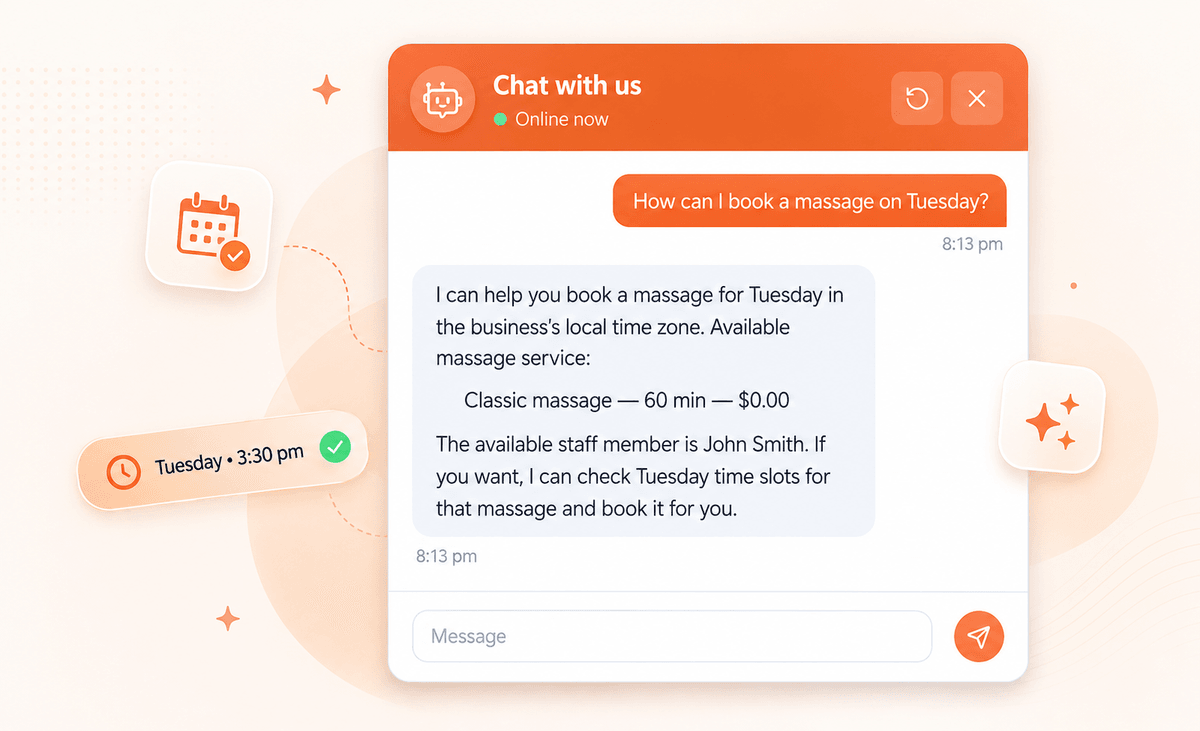 De chatwidget van Bookly AI Assistant op een bedrijfswebsite: een bezoeker vraagt hoe die dinsdag een massage kan boeken, en de assistent antwoordt met de beschikbare massage van 60 minuten, noemt de medewerker en biedt aan de tijden voor dinsdag te checken en de afspraak te boeken.