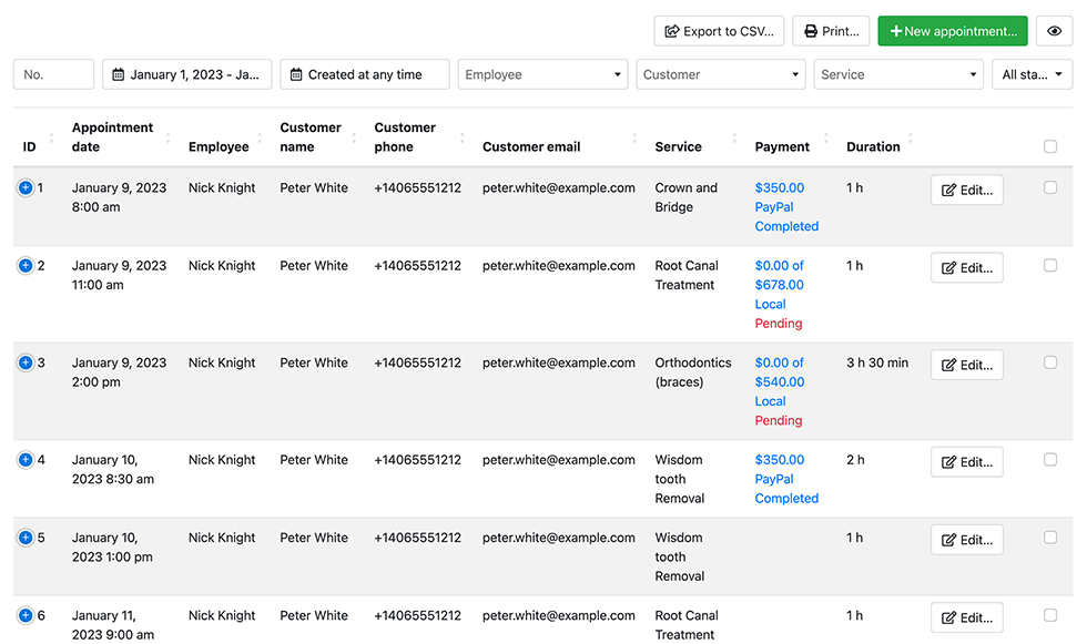 Buchungsliste mit Filter, Sortierung und Suche in Bookly