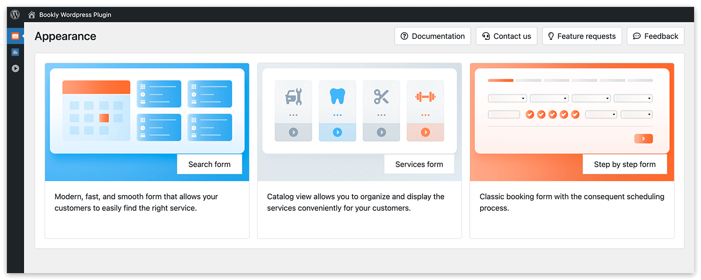 Bookly Pro Appearance section – types of booking forms