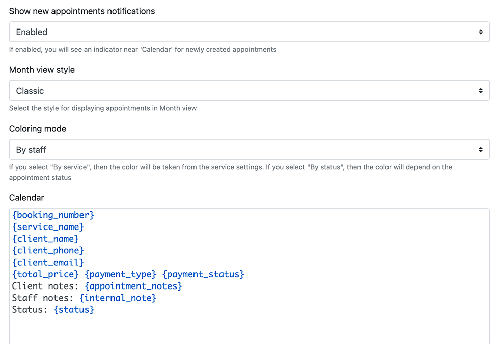 Edit the record template displayed in the Bookly calendar