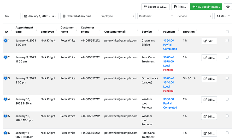 Filterable, sortable and searchable booking list in Bookly