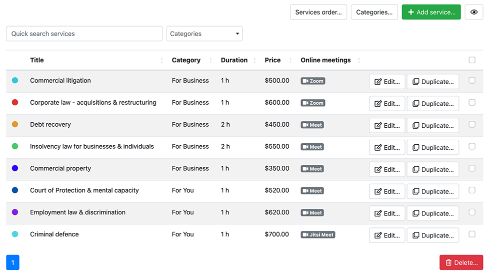 Unlimited number of services grouped into categories in Bookly