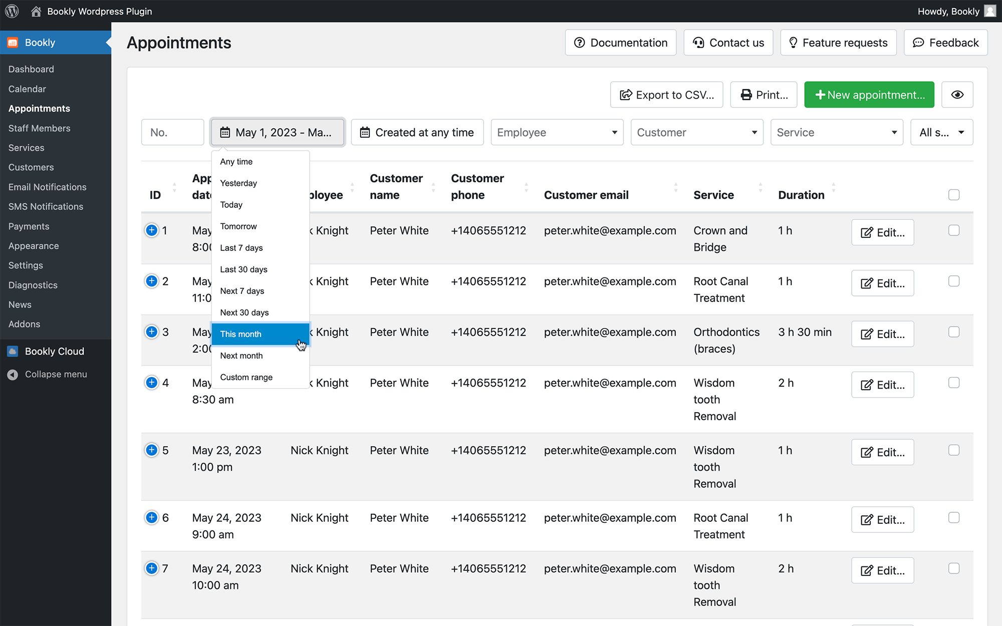 Filterable, sortable and searchable booking list in Bookly