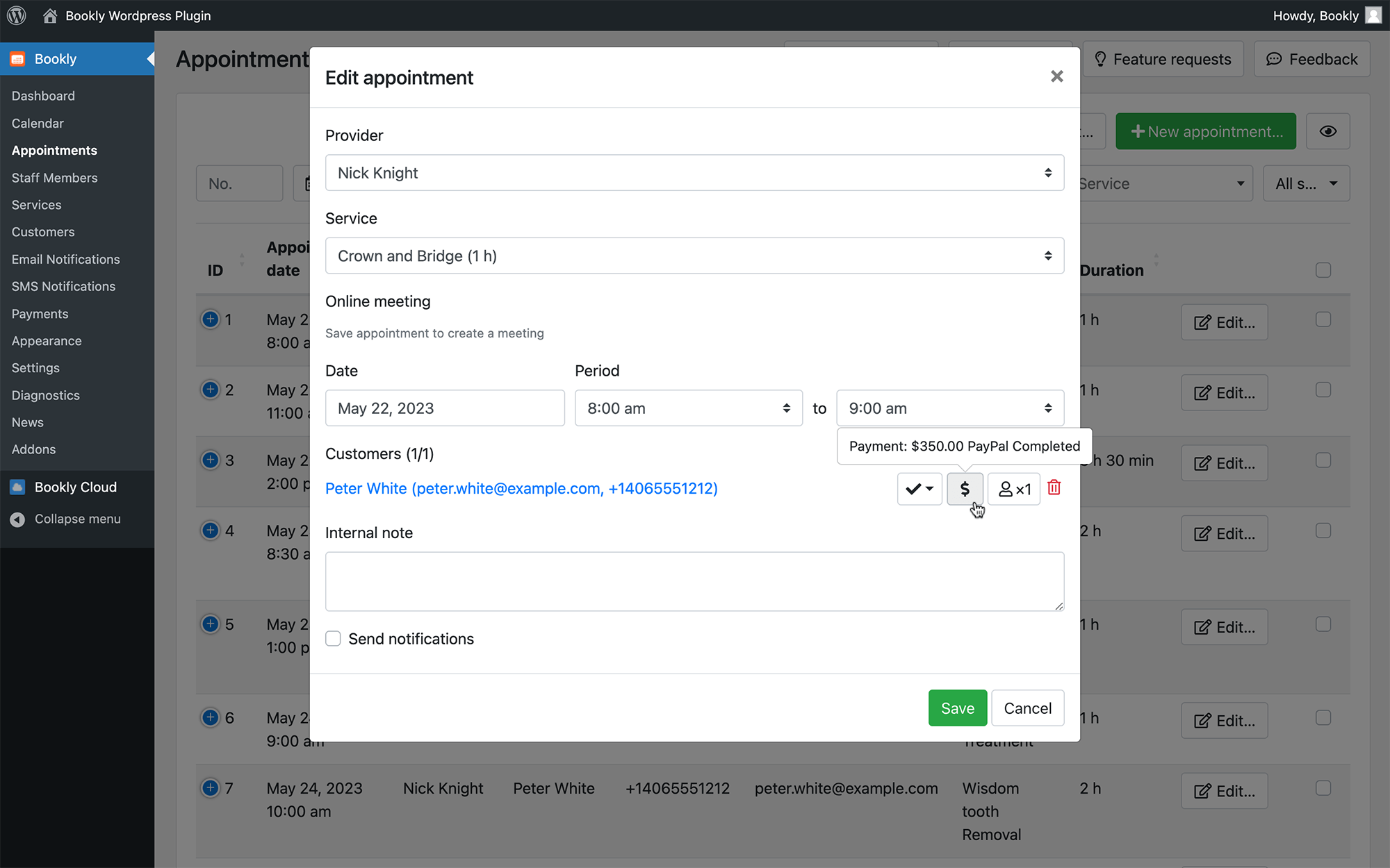 Filterable, sortable and searchable booking list in Bookly