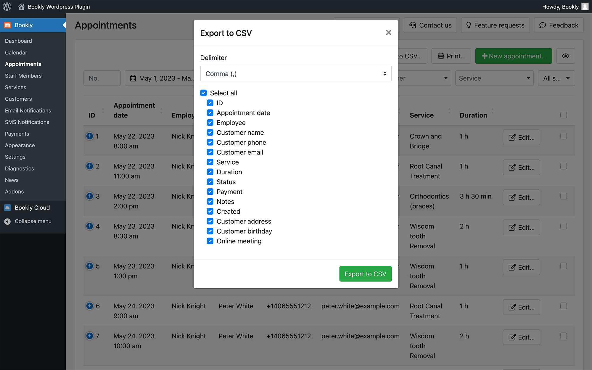 Filterable, sortable and searchable booking list in Bookly