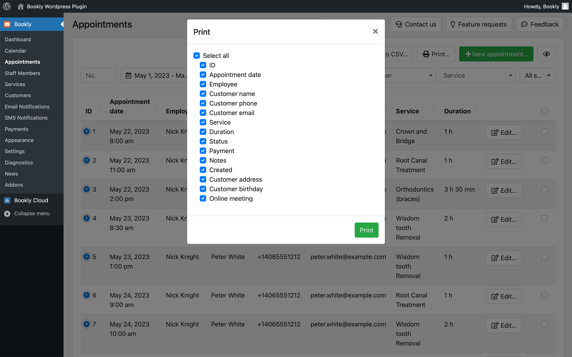 Filterable, sortable and searchable booking list in Bookly