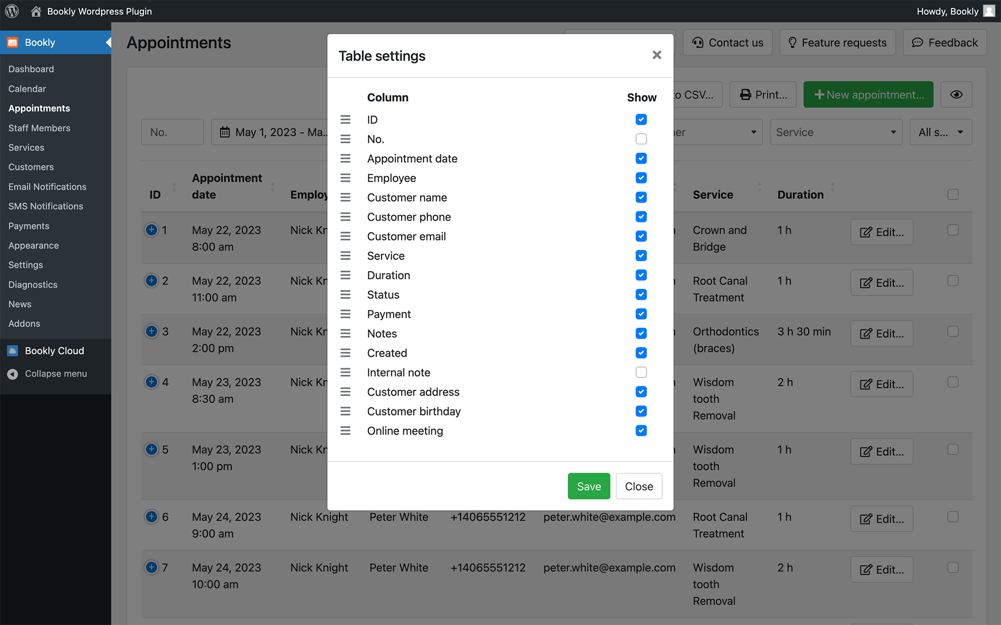 Filterable, sortable and searchable booking list in Bookly