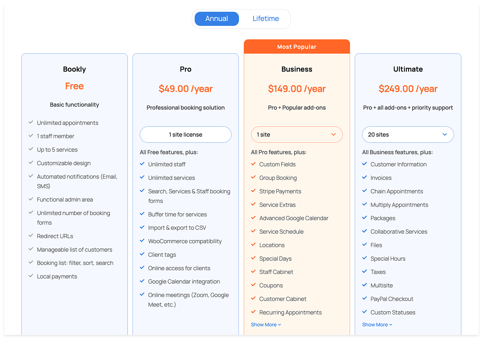 Bookly public pricing page, verified June 2026