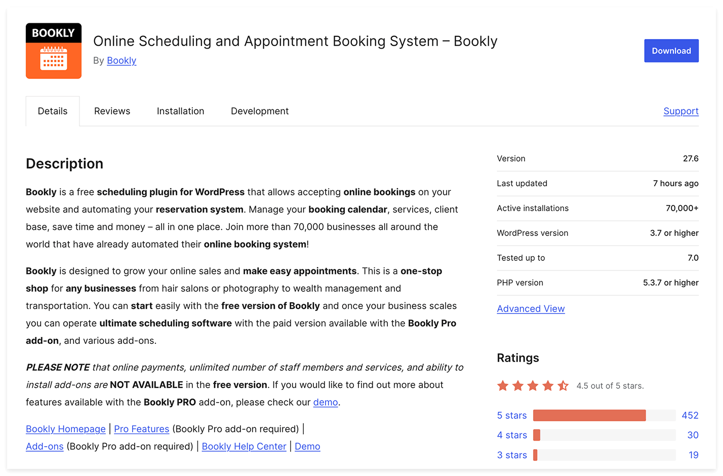 Bookly WordPress.org listing with active installs and star rating