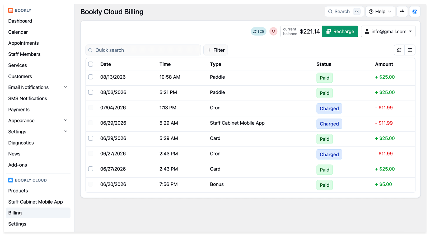Bookly Cloud billing screen