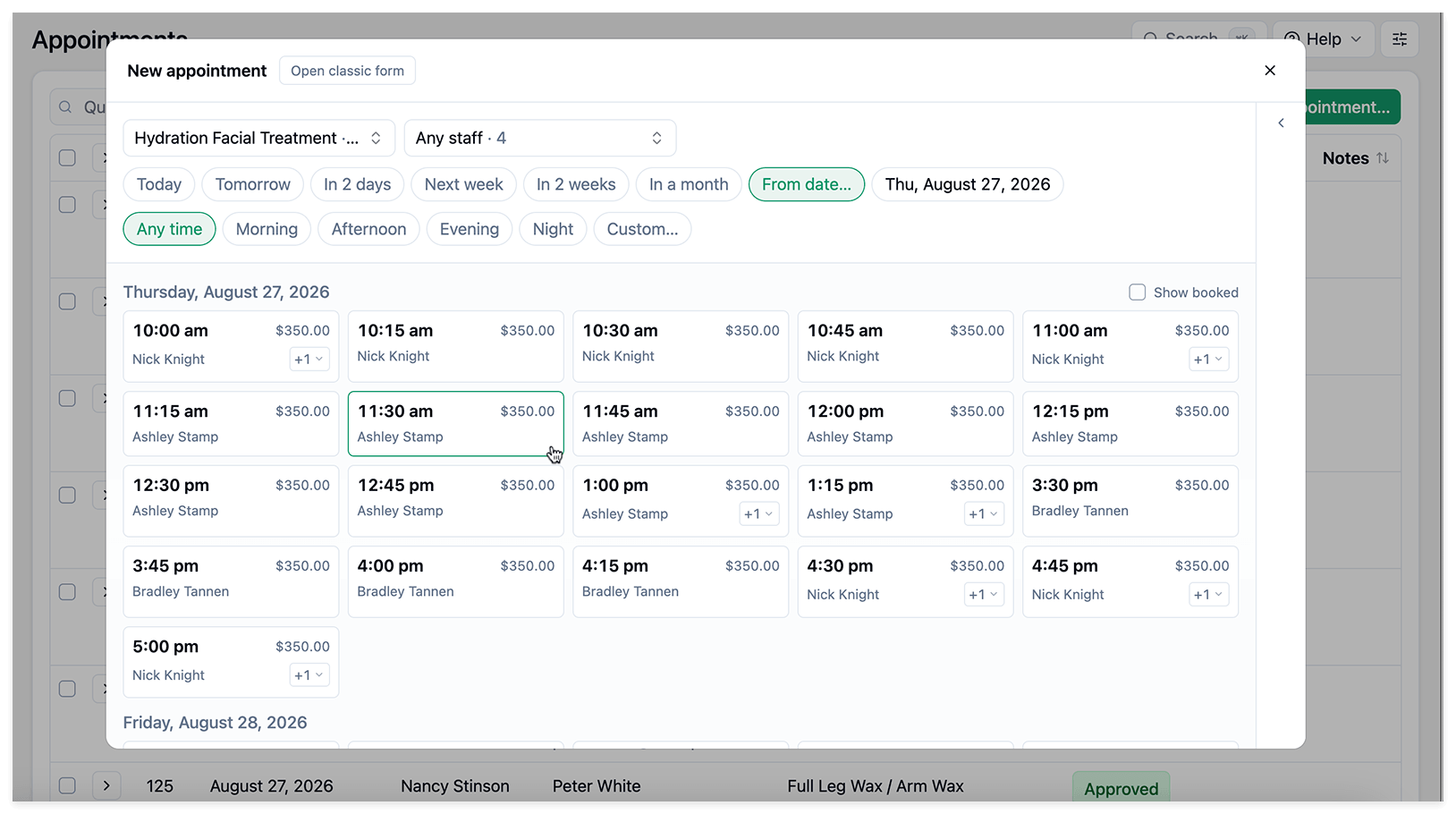 Bookly 28.1 backend booking wizard — an admin selects an available time slot and adds it to an order