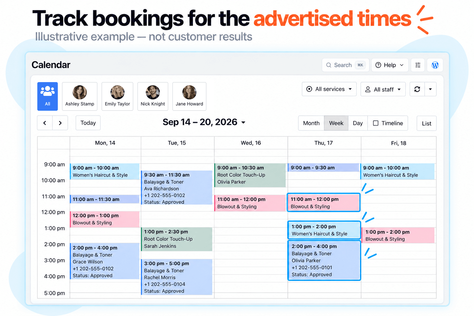 Illustrative Bookly calendar with new demo appointments in previously open Thursday slots