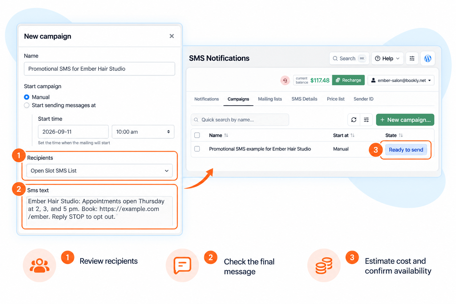 Bookly campaign preparation screen with recipient and message checks before sending