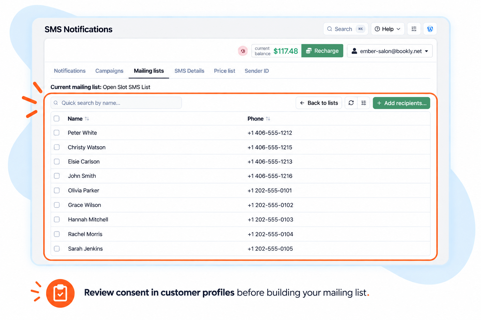Bookly mailing list recipient selection with a reminder to check consent in customer profiles