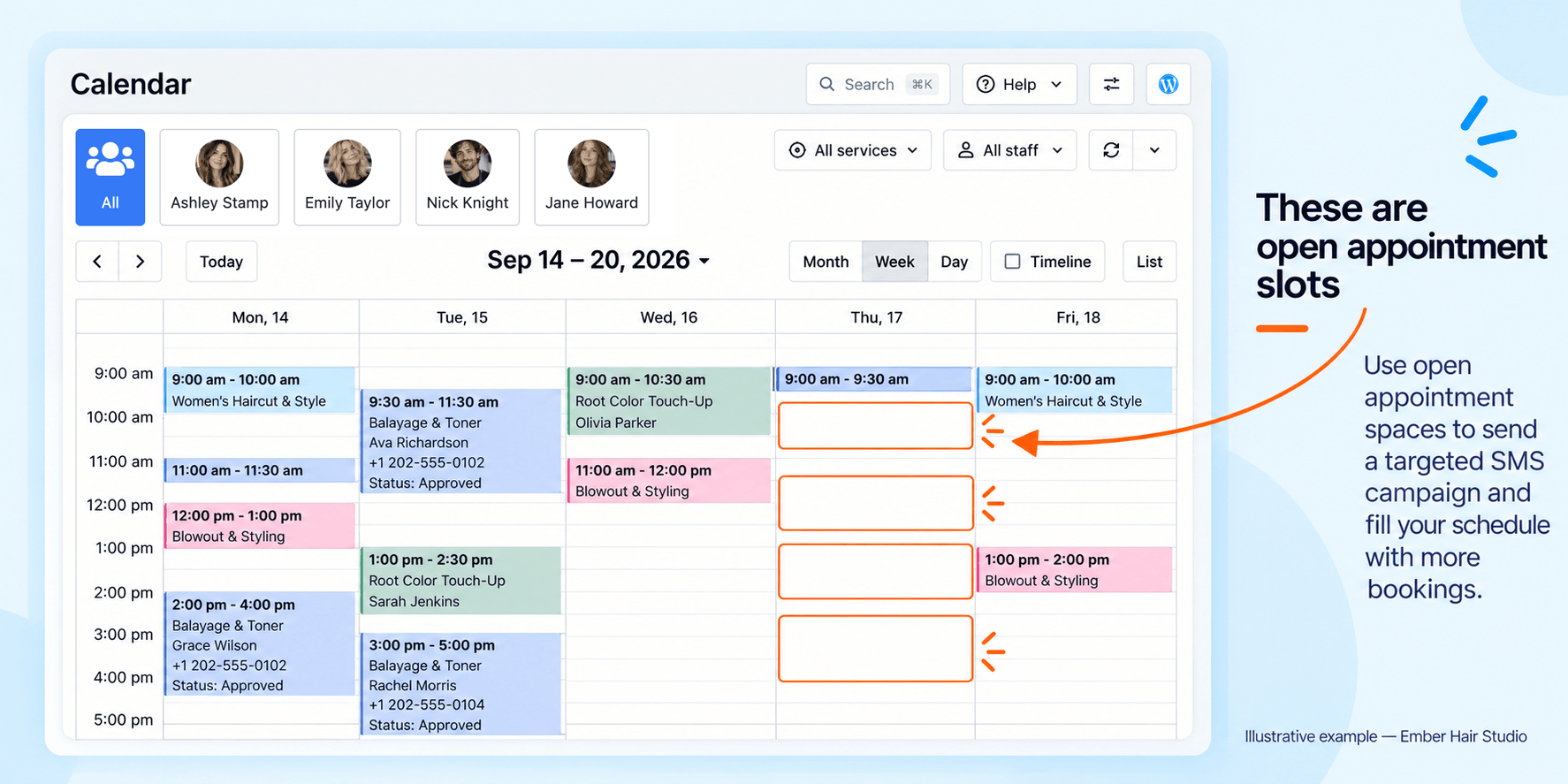 Illustrative Bookly calendar for Ember Hair Studio with open appointment slots on Thursday