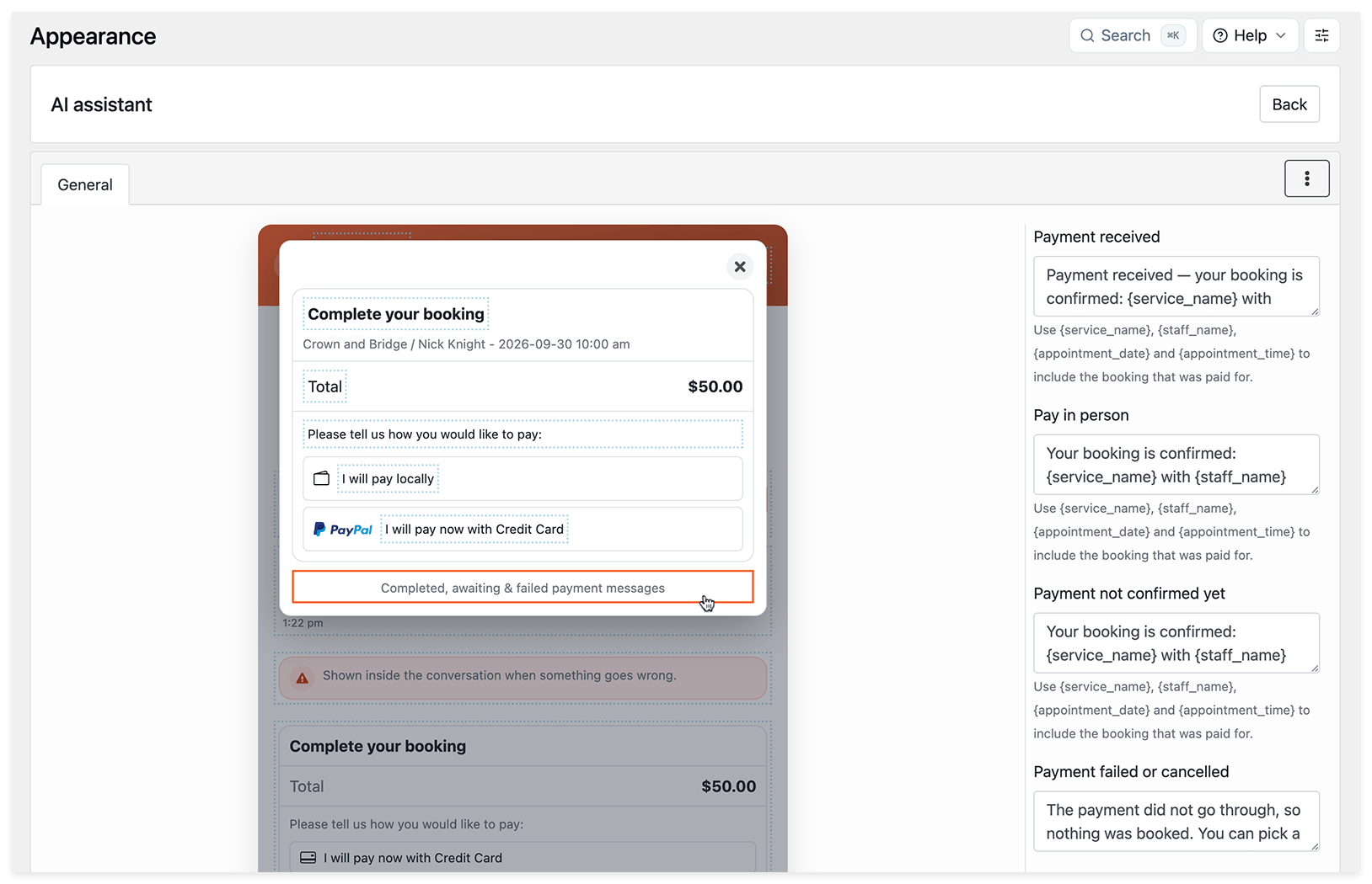 Bookly AI Assistant settings for customizing payment confirmation, pending payment, and failed payment messages