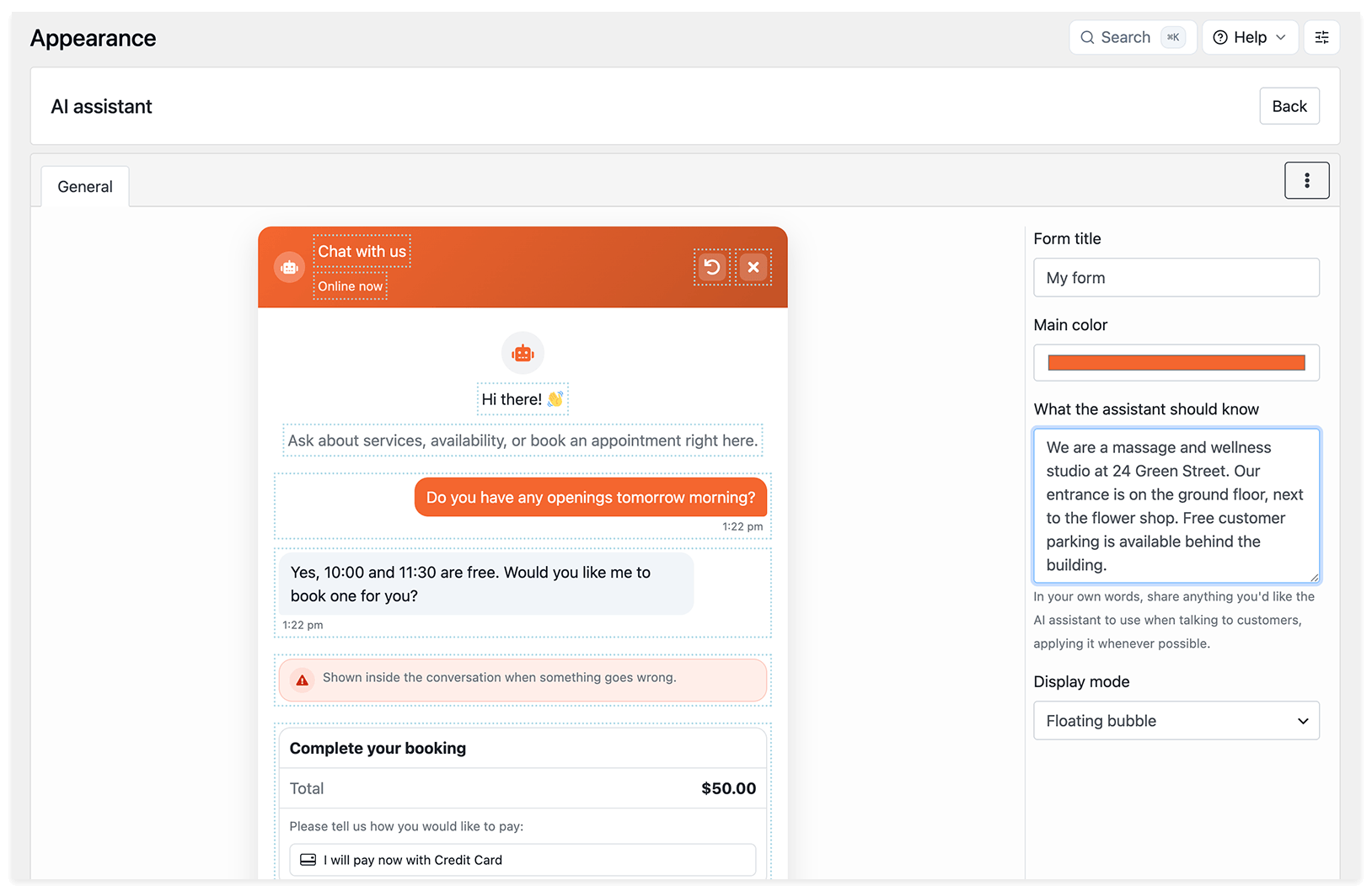Bookly AI Assistant settings with business information about the studio’s location, entrance, and parking