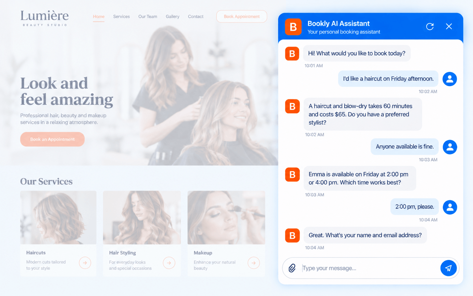 Bookly AI Assistant helping a customer choose a stylist and book a haircut and blow-dry through chat