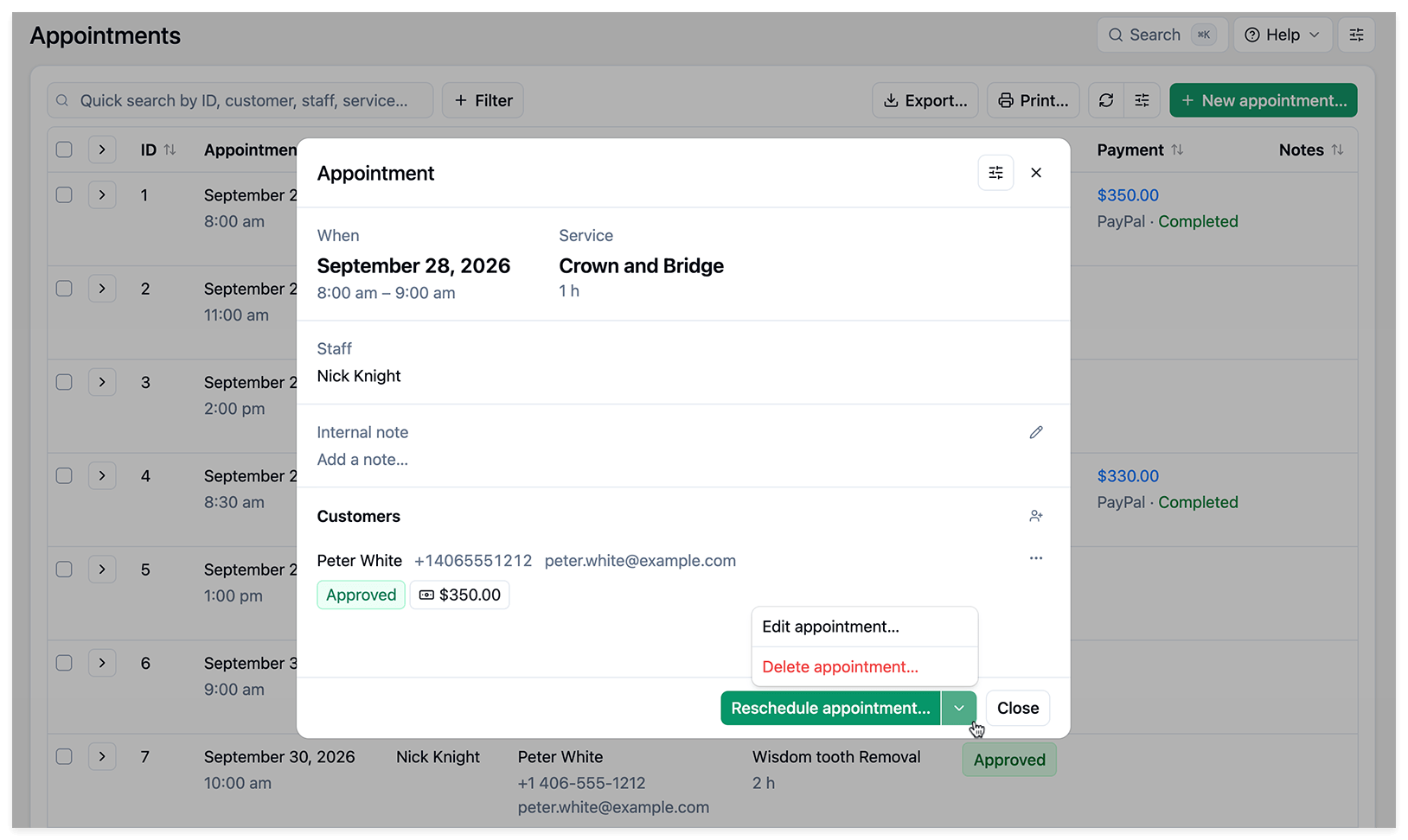 Bookly appointment preview showing booking details, customer information, payment amount, and rescheduling options