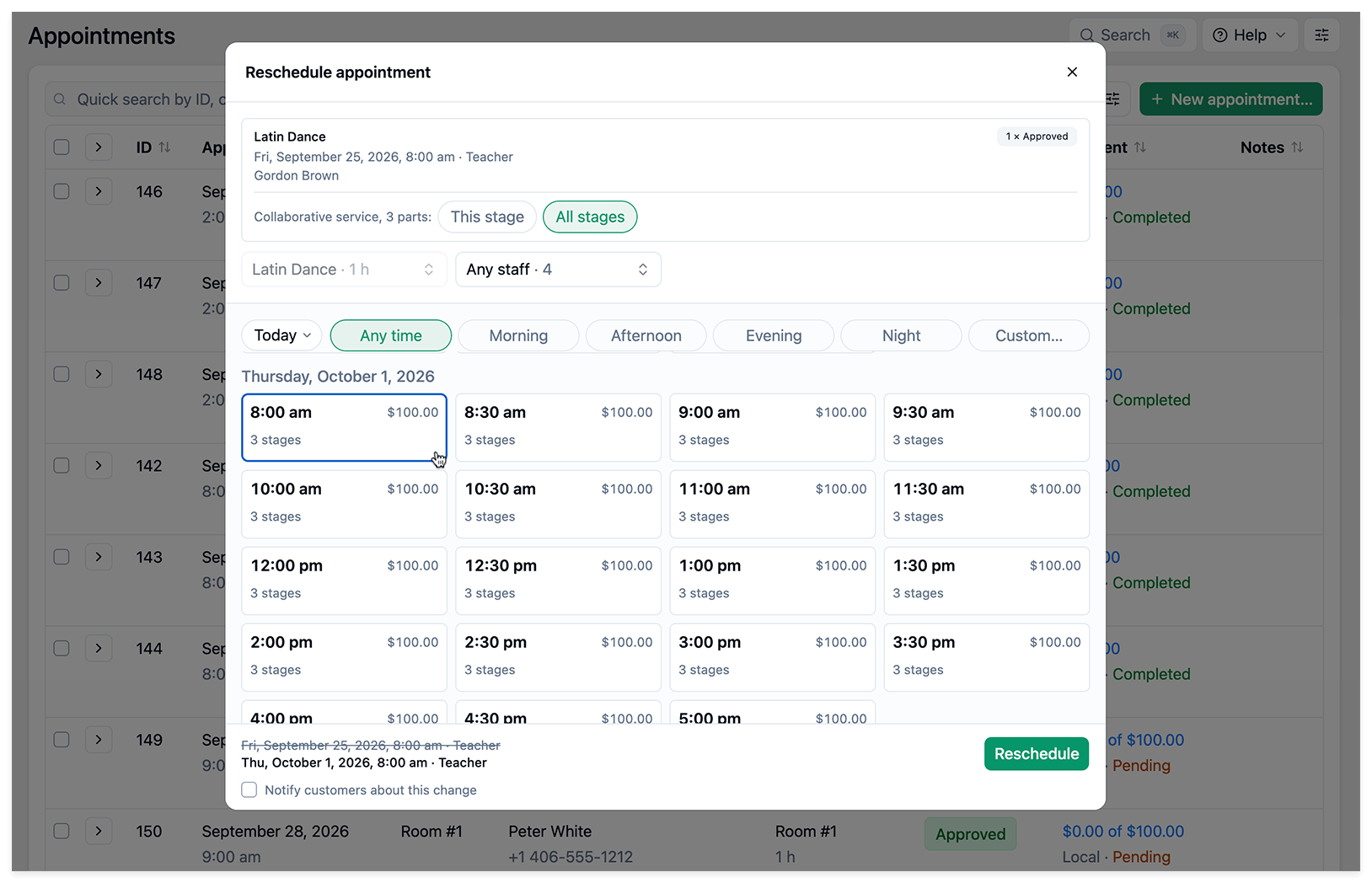 Rescheduling a collaborative service in Bookly, with options to move one stage or all stages and select a new time