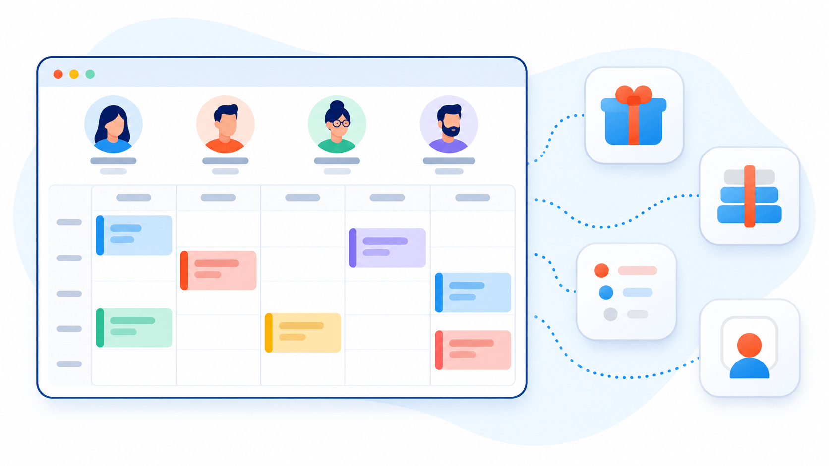 Editorial illustration of a central booking module with separate optional extension pieces